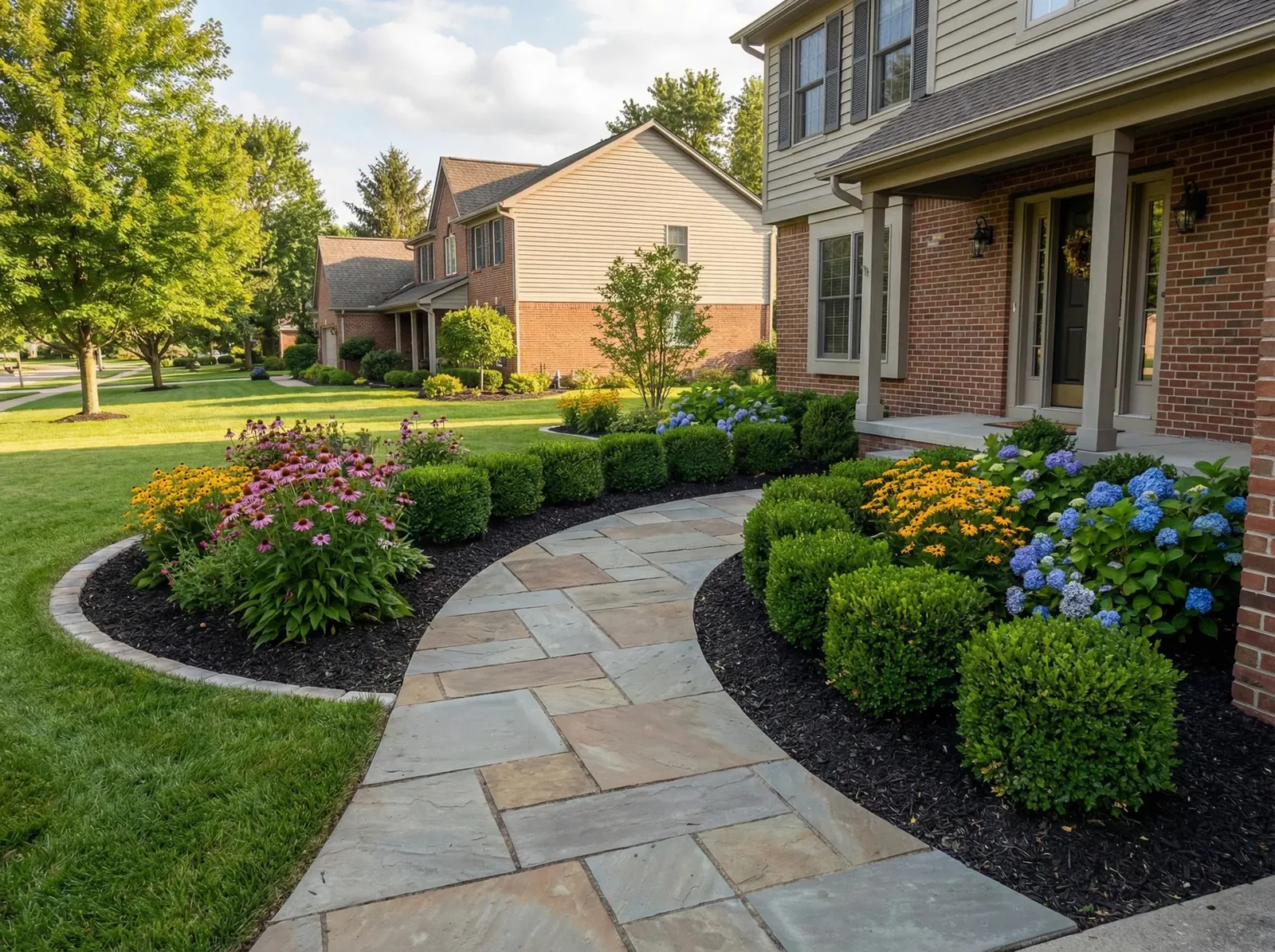 Finished front-entry landscape with stone edging, mulch beds, shrubs, and young trees