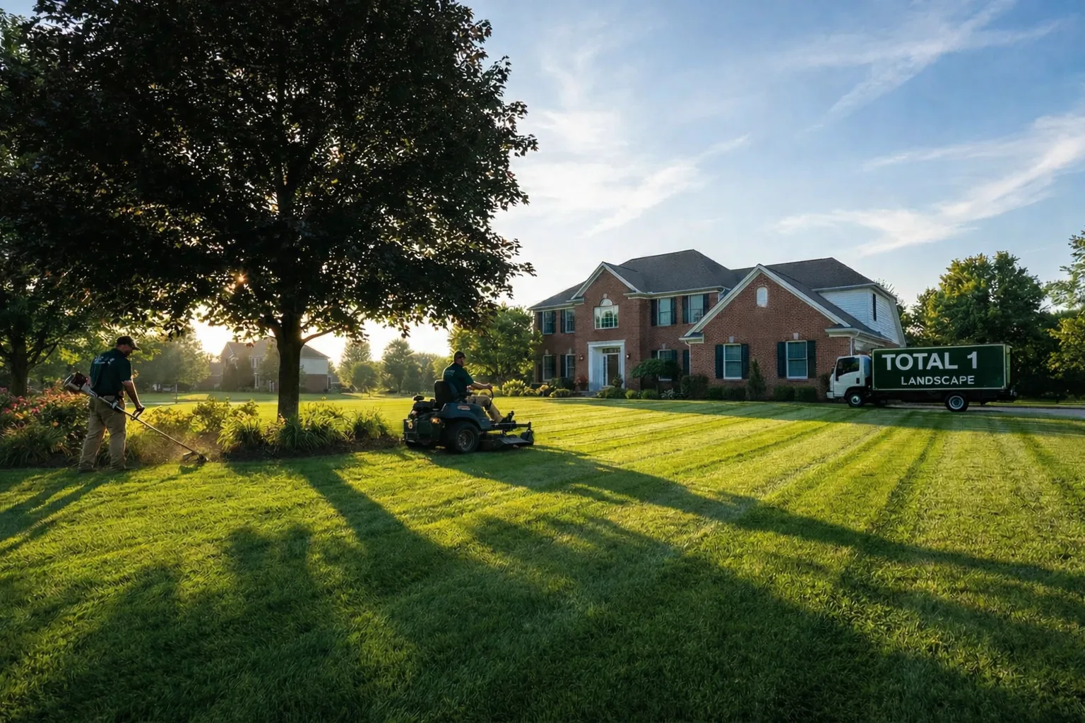 Total 1 Landscape crew and lawn equipment at a residential property